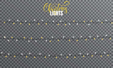 Christmas lights. Realistic string lights design elements of white and yellow colors. Glowing lights for winter holidays. Shiny garlands for Xmas and New Yearの写真素材