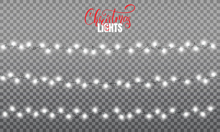 Christmas lights. Realistic string lights design elements of pink and yellow colors. Glowing lights for winter holidays. Shiny garlands for Xmas and New Year.のイラスト素材