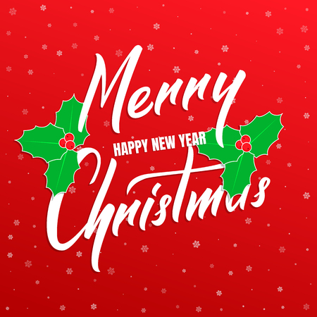 Merry Christmas and Happy New Year text lettering with mistletoe design for Christmas and New Year cardのイラスト素材