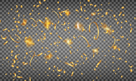 Gold Confetti. Realistic shiny golden confetti isolated on transparent background. Holiday festive decorationsの写真素材