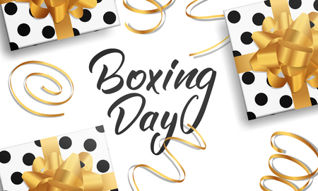 Boxing Day. Banner with Boxing Day lettering text, glossy gift packages and realistic gold confetti.のイラスト素材