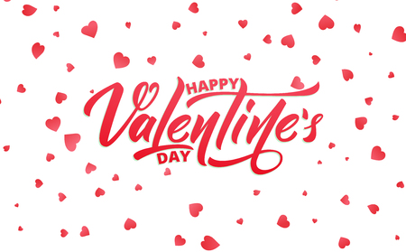 Happy Valentines Day. Text lettering design of Happy Valentine's day and flying hearts confetti.のイラスト素材