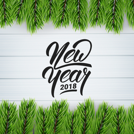 New Year. Happy New Year greeting card with realistic fir tree branches and lettering.のイラスト素材