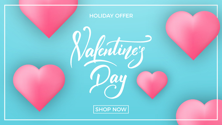 Valentines Day. Banner for Valentine's Day. Valentines background with script lettering and glossy hearts.のイラスト素材