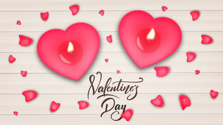 Valentines Day. Valentines Day banner with script lettering, romantic candles and rose petals.のイラスト素材