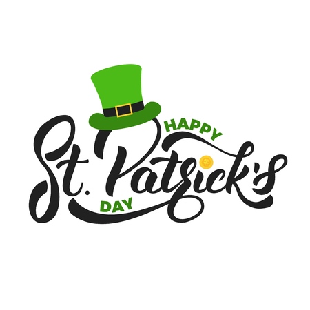 Saint Patricks Day. Lettering St. Patricks with gold coin and leprechaun hat. St. Patricks Day cardの写真素材