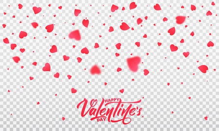 Valentines Day. Hearts confetti romantic background. Transparent hearts and Happy Valentine's Day lettering.のイラスト素材