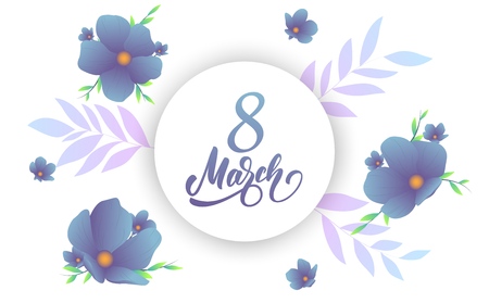 March 8, Happy Womens Day. Banner with modern trendy flowers and script lettering 8 Marchのイラスト素材