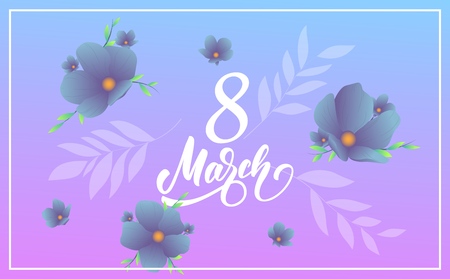 March 8, Happy Womens Day. Banner with modern trendy flowers and script lettering 8 Marchのイラスト素材