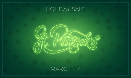 Saint Patricks Day. Banner design layout with neon St. Patricks lettering and clover leaves background. Patrick Day saleのイラスト素材