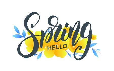 Spring Banner with trendy spring flowers. Trendy script lettering design Hello Springのイラスト素材