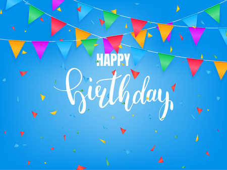 Birthday greeting card. Colorful confetti and calligraphy letteringのイラスト素材