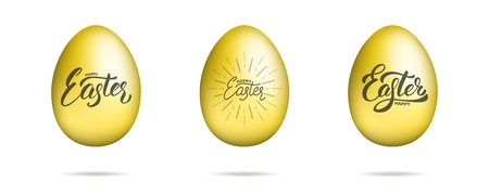 Easter. Gold eggs with Happy Easter script lettering. Easter holiday design setのイラスト素材