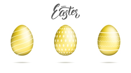 Easter Gold eggs with Happy Easter script lettering and decorations. Easter holiday design setのイラスト素材