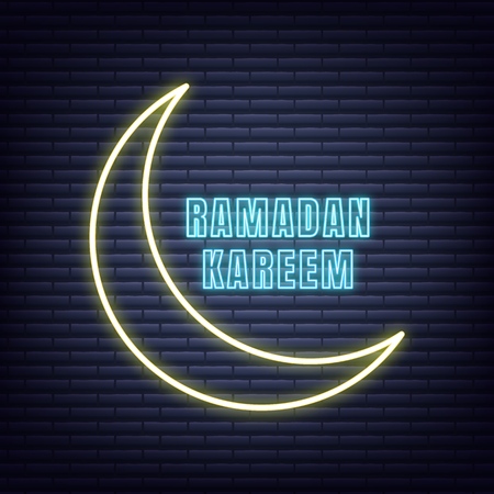 Ramadan Kareem neon design. Illuminated typography signboard for Ramadanのイラスト素材