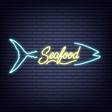 Seafood. Seafood neon sign. Neon glowing signboard banner designのイラスト素材