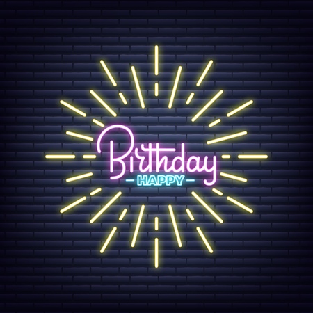 Birthday. Birthday neon sign. Neon glowing signboard banner designのイラスト素材