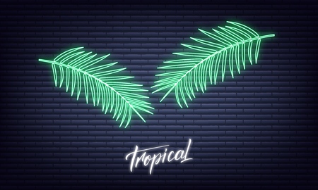 Tropical neon palm leaves. Glowing sign of coconut palm exotic leaves.のイラスト素材