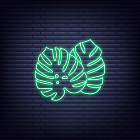 Monstera neon palm leaves. Glowing sign of tropical exotic leaves.のイラスト素材