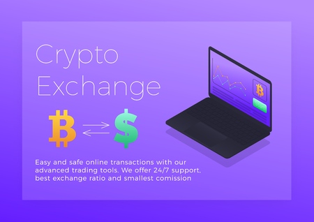 Crypto exchange isometric illustration. Cryptocurrency Bitcoin trading platform conceptのイラスト素材