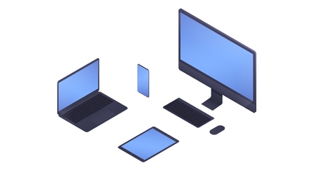 Computer, desktop, laptop , smarthope and tablet device in a set. Isometric computers isolated.のイラスト素材