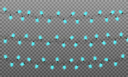 Christmas lights. Vector string lights garland for New Year and Xmas. Isolated blue glowing lights transparent effect.のイラスト素材