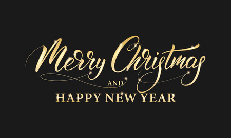 Merry Christmas and Happy New Year. Shiny gold lettering calligraphy for Winter holidays.のイラスト素材