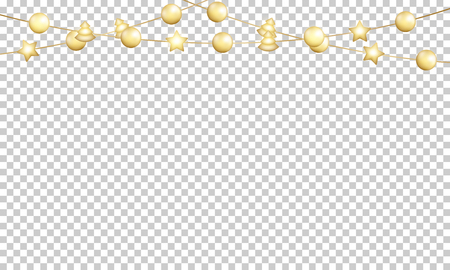 Garland with gold shiny balls for Christmas and New Year. Festive gold metallic decoration.の写真素材