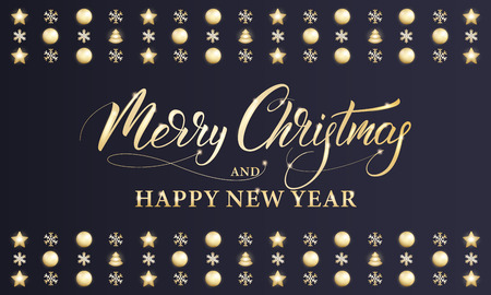 Merry Christmas and Happy New Year. Winter holiday banner with shiny gold decorations, Xmas and New Year calligraphy.のイラスト素材