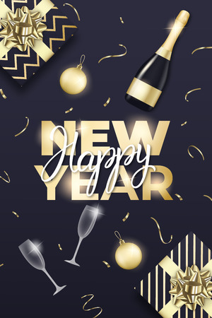 New Year design. Layout with champagne glass, bottle, gold balls, confetti, gift packages and New Year lettering.のイラスト素材