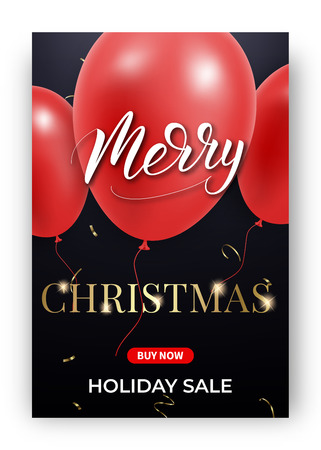 Christmas card. Winter holiday design layout with shiny balloons decorations and Merry Christmas lettering typography.のイラスト素材