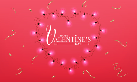 Valentines Day. Banner with realistic heart shape lamps lights garland and gold confetti.のイラスト素材
