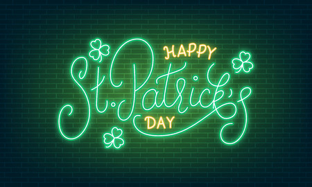 Patricks Day. Neon glowing lettering sign of Happy St. Patrick's Day lettering and clover leaves.のイラスト素材