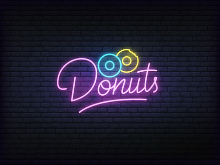 Donuts neon glowing sign. Bright vector label of donuts and lettering.のイラスト素材