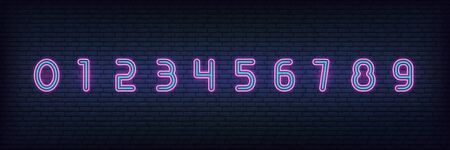 Neon numbers typeface. Glowing neon colored 3d modern numbers characters.