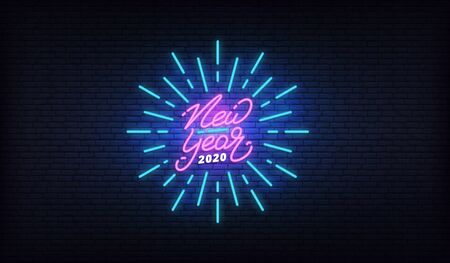 New Year 2020 neon design. New Year glowing neon lettering signboard template.のイラスト素材