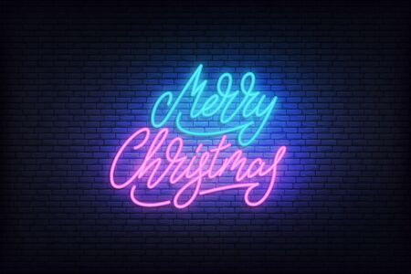 Merry Christmas neon. Glowing lettering sign for Xmas online promotion sale discount.のイラスト素材