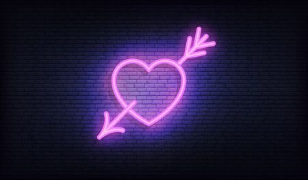 Heart with arrow neon sign. Glowing purple heart signboard design.のイラスト素材