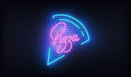 Pizza neon. Glowing lettering sign for Pizza cafe restaurant.のイラスト素材