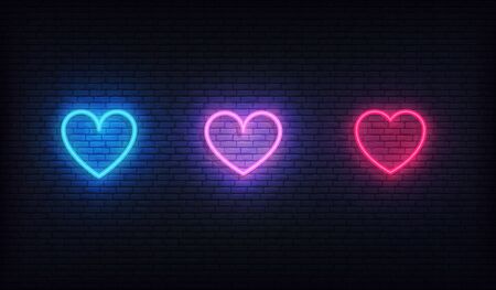 Heart neon icons set. Glowing bright red, purple and blue hearts .のイラスト素材