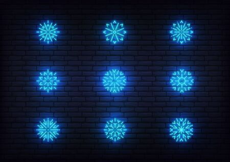Snow icons neon. Vector glowing neon blue snowflake icons.のイラスト素材