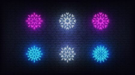 Snow icons neon. Vector glowing neon colorful snowflake icons.のイラスト素材