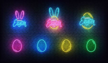 Easter neon. Glowing neon labels and eggs for Easter.のイラスト素材