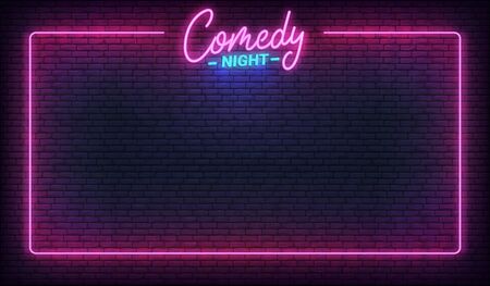 Comedy night neon template. Comedy lettering and glowing neon border frame.のイラスト素材