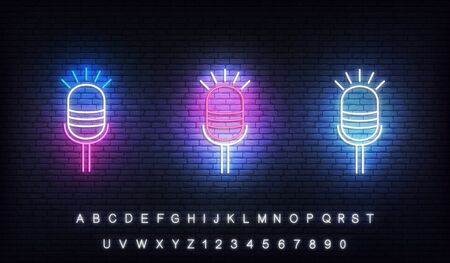 Microphone neon. Set of glowing neon microphones for podcast, stand up, comedy show.のイラスト素材