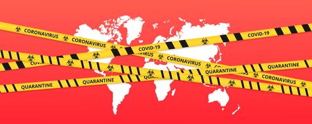 Quarantine background of lockdown tape border above the world. Warning coronavirus quarantine yellow and black stripes.のイラスト素材