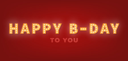 Happy Birthday greeting card with gold marquee text. 3d light bulb Happy Birthday template.のイラスト素材