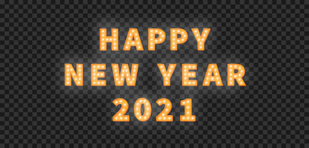 Happy New Year 2021. 3d gold marquee light bulb text for New Year celebration.のイラスト素材