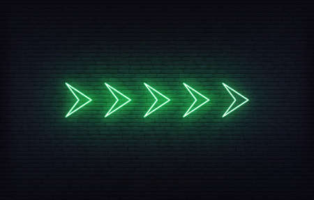 Neon arrow sign. Set of green futuristic glowing neon arrow pointer on brick wall background.のイラスト素材