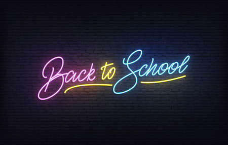 Back to School neon sign. Glowing Back to School lettering concept.のイラスト素材